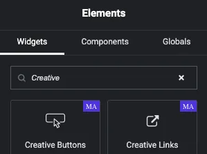 Creative Buttons widget in the Master Addons category of the Elementor widget panel