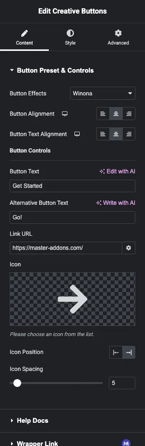 Content controls for the Elementor Creative Buttons widget including button effects, text, link, and icon