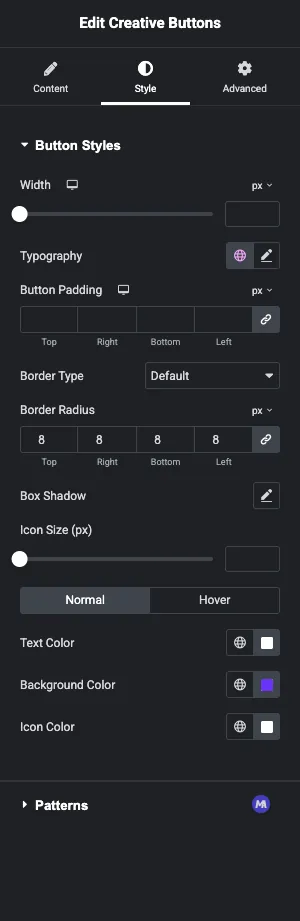 Style controls for the Elementor Creative Buttons widget including border radius, colors, and box shadow