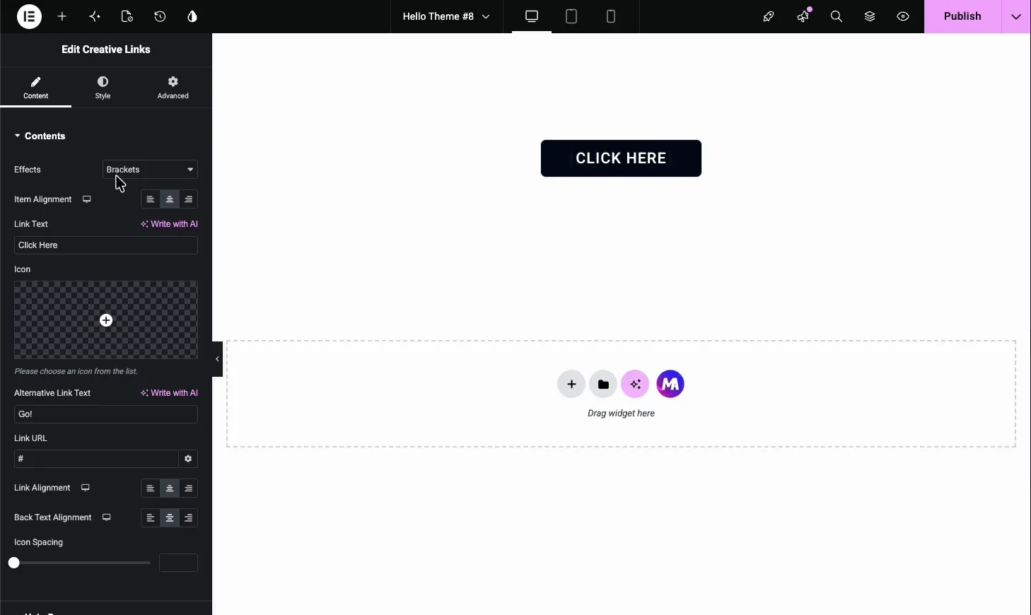 Content controls for the Elementor Creative Links widget showing effects, link text, icon, and alignment