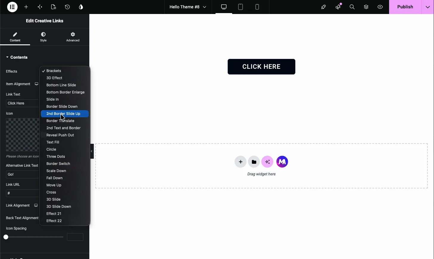 Effects dropdown for the Creative Links widget listing Brackets, Text Fill, Circle, and more hover effects