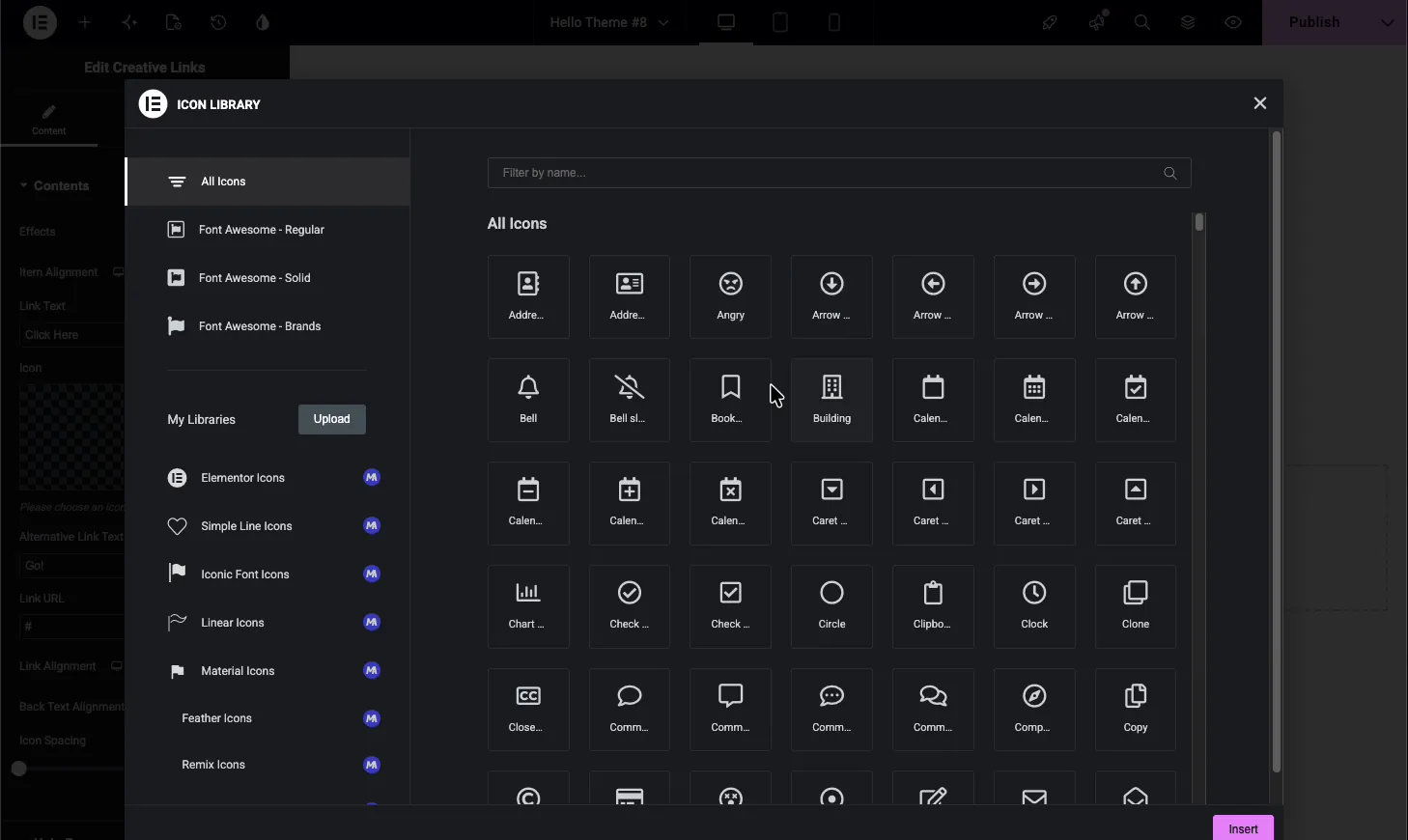 Icon Library modal open in the Creative Links widget with Font Awesome and other icon sets