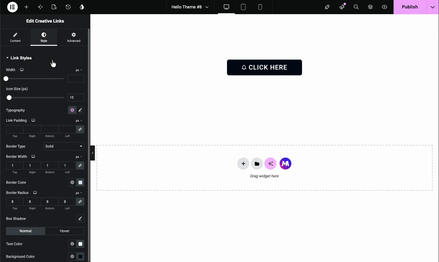 Style tab Link Styles for the Creative Links widget with width, icon size, typography, border, and radius