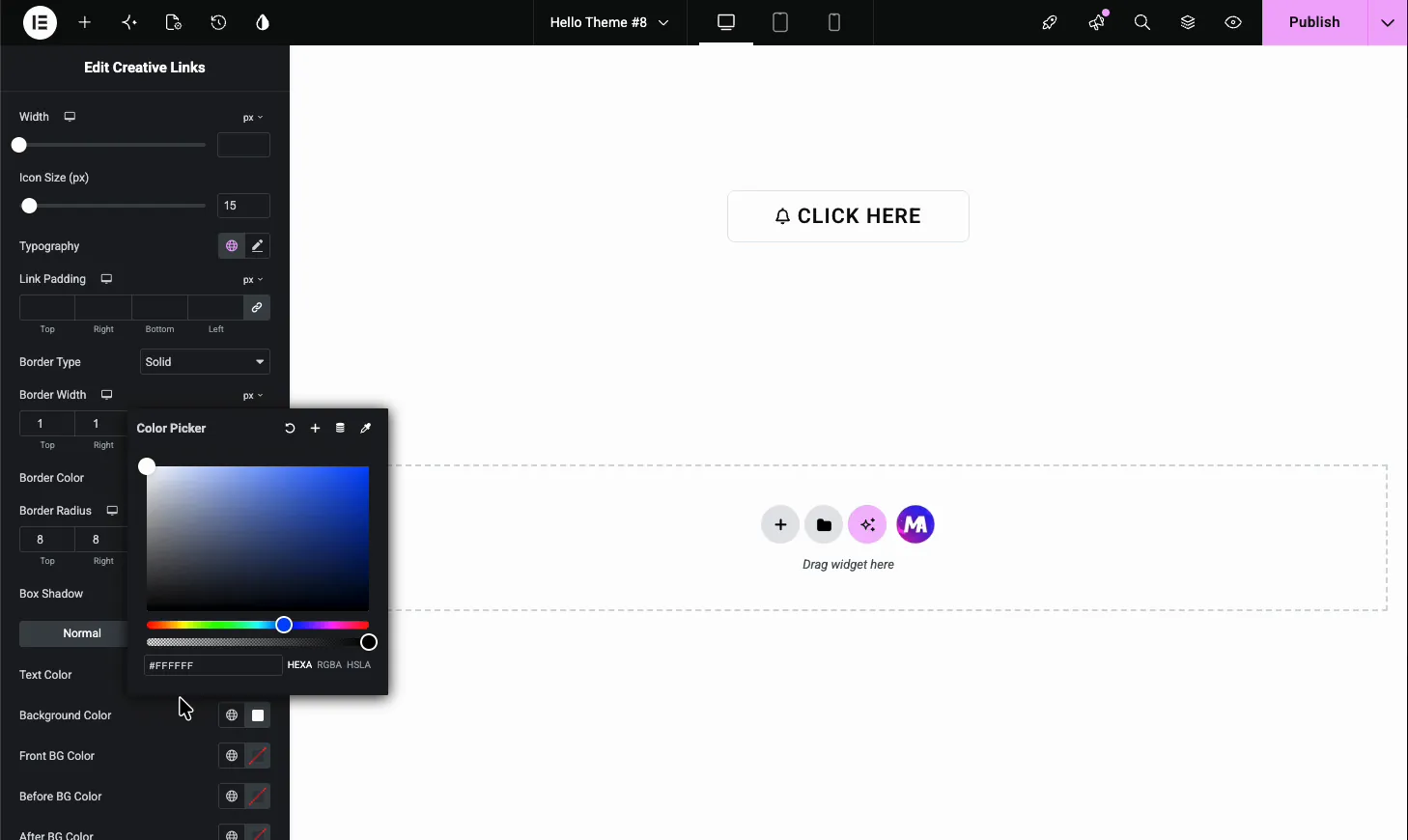 Creative Links widget color options including Front BG, Before BG, and After BG color