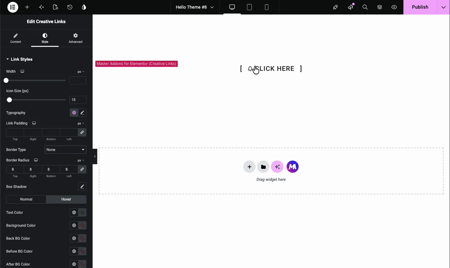 Creative Links Brackets hover effect showing brackets sliding around the Click Here text