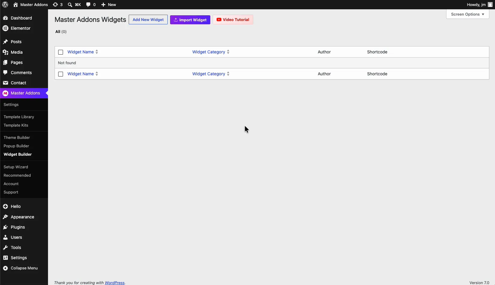 Master Addons Widget Builder admin page with Add New Widget and Import Widget buttons in WordPress