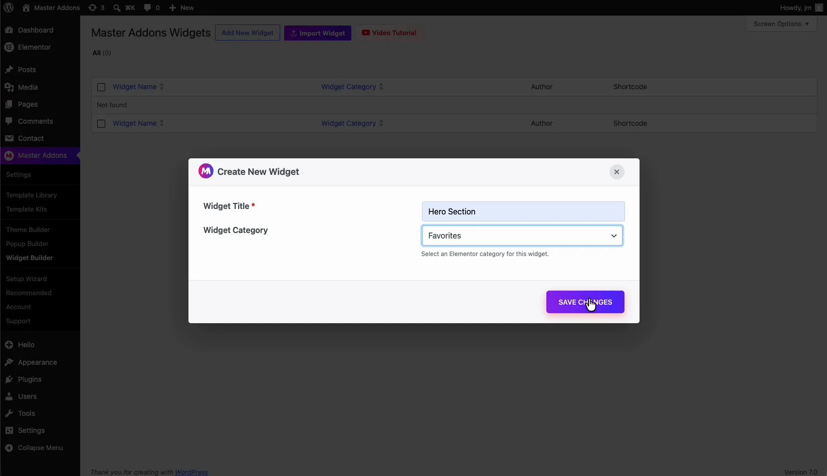 Create New Widget dialog with Widget Title and Widget Category fields in Master Addons