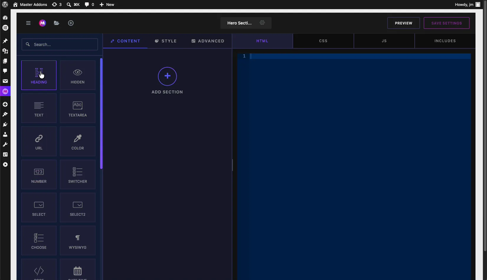 Master Addons Widget Builder interface showing the fields panel, Content Style Advanced tabs, and HTML CSS JS code editor