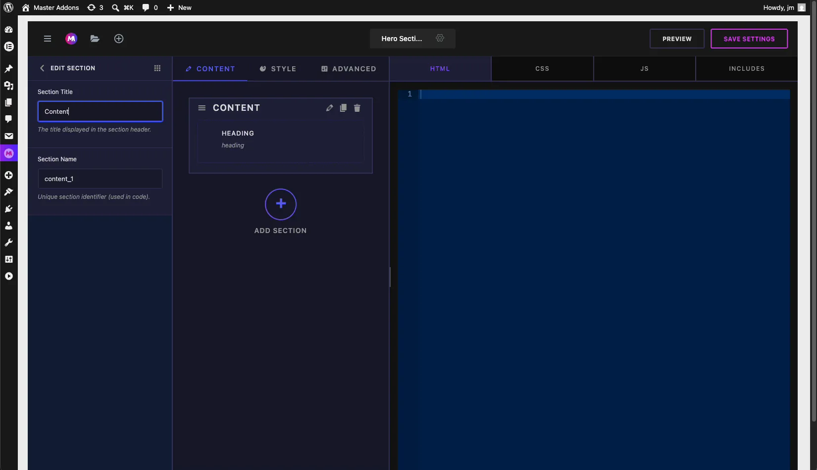 Content tab of the Master Addons Widget Builder with a Heading field added to a section
