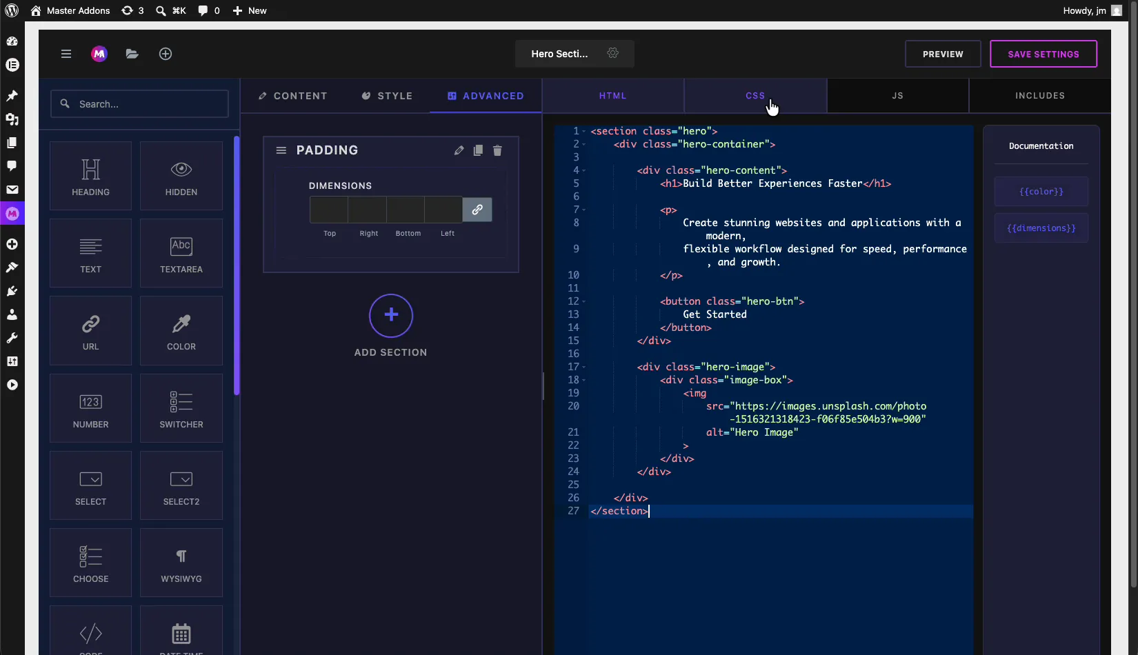 HTML tab in the Master Addons Widget Builder with hero section markup and the shortcode documentation sidebar