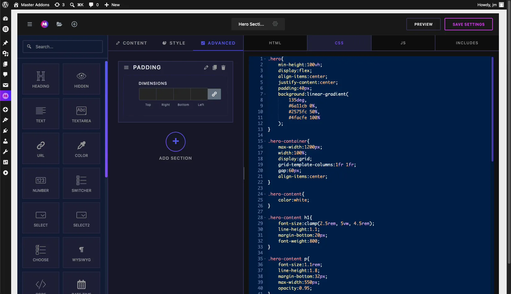 CSS tab in the Master Addons Widget Builder styling a hero section with gradients and layout