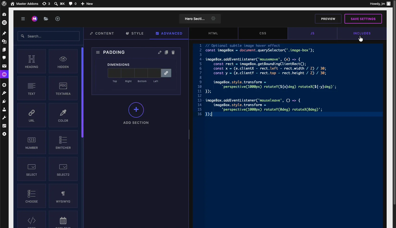 JS tab in the Master Addons Widget Builder with a mousemove hover effect script