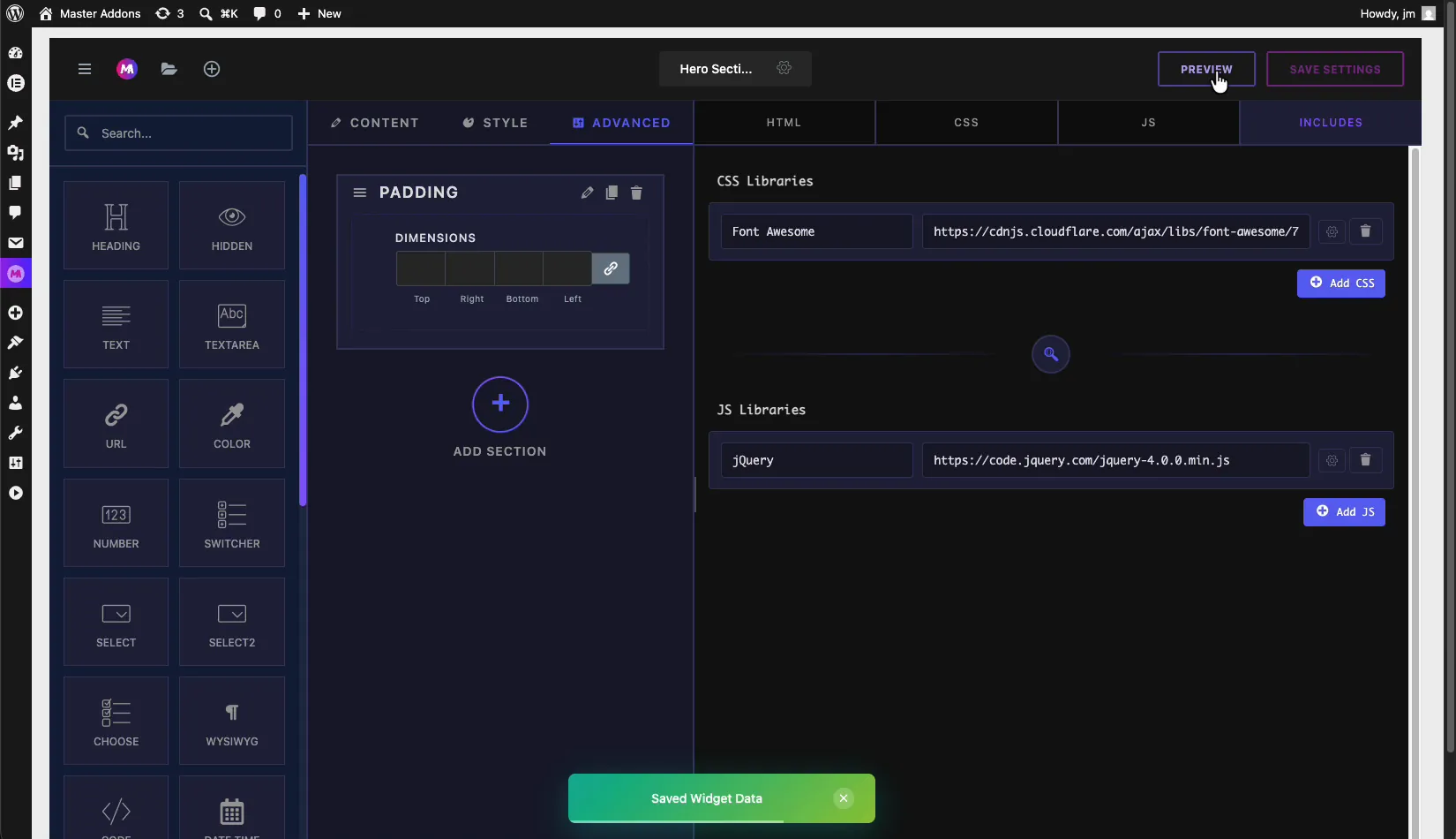 Includes tab loading Font Awesome CSS and jQuery JS CDN libraries in the Master Addons Widget Builder