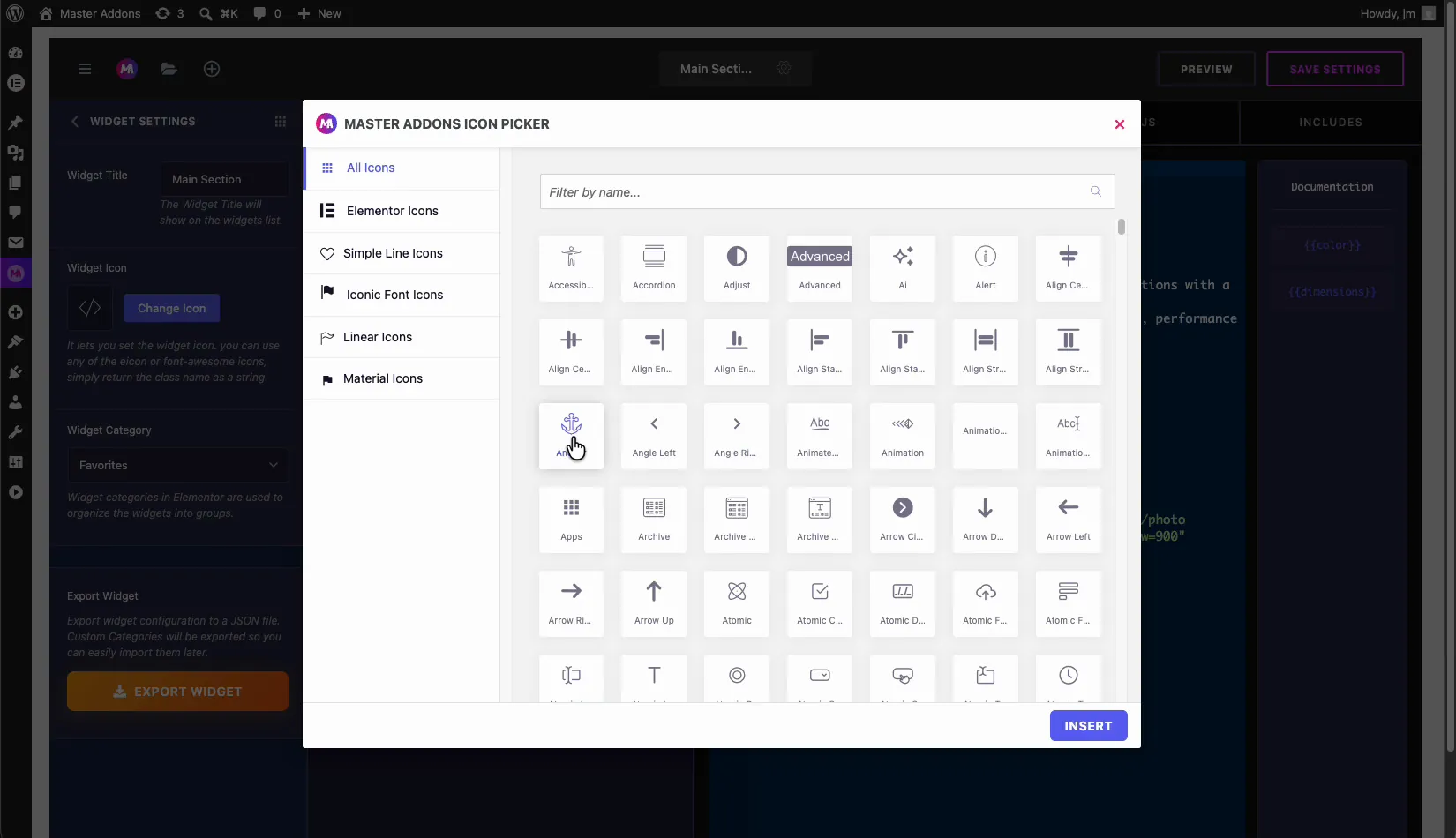 Master Addons icon picker for choosing a custom Elementor widget icon