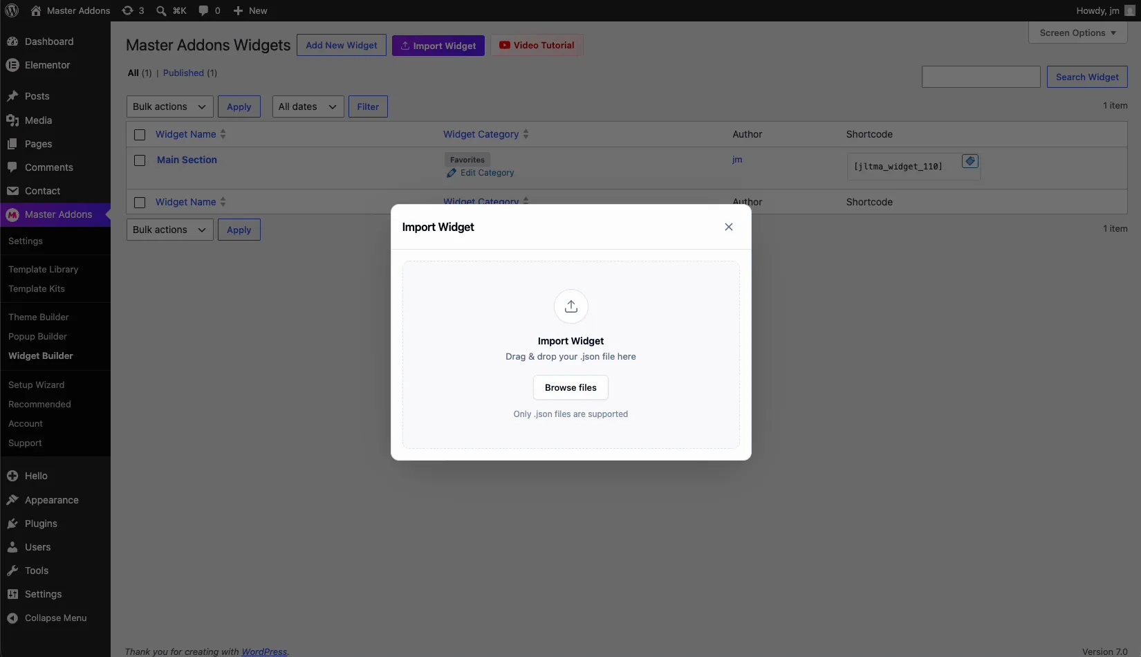 Import Widget dialog accepting a JSON file in the Master Addons Widget Builder