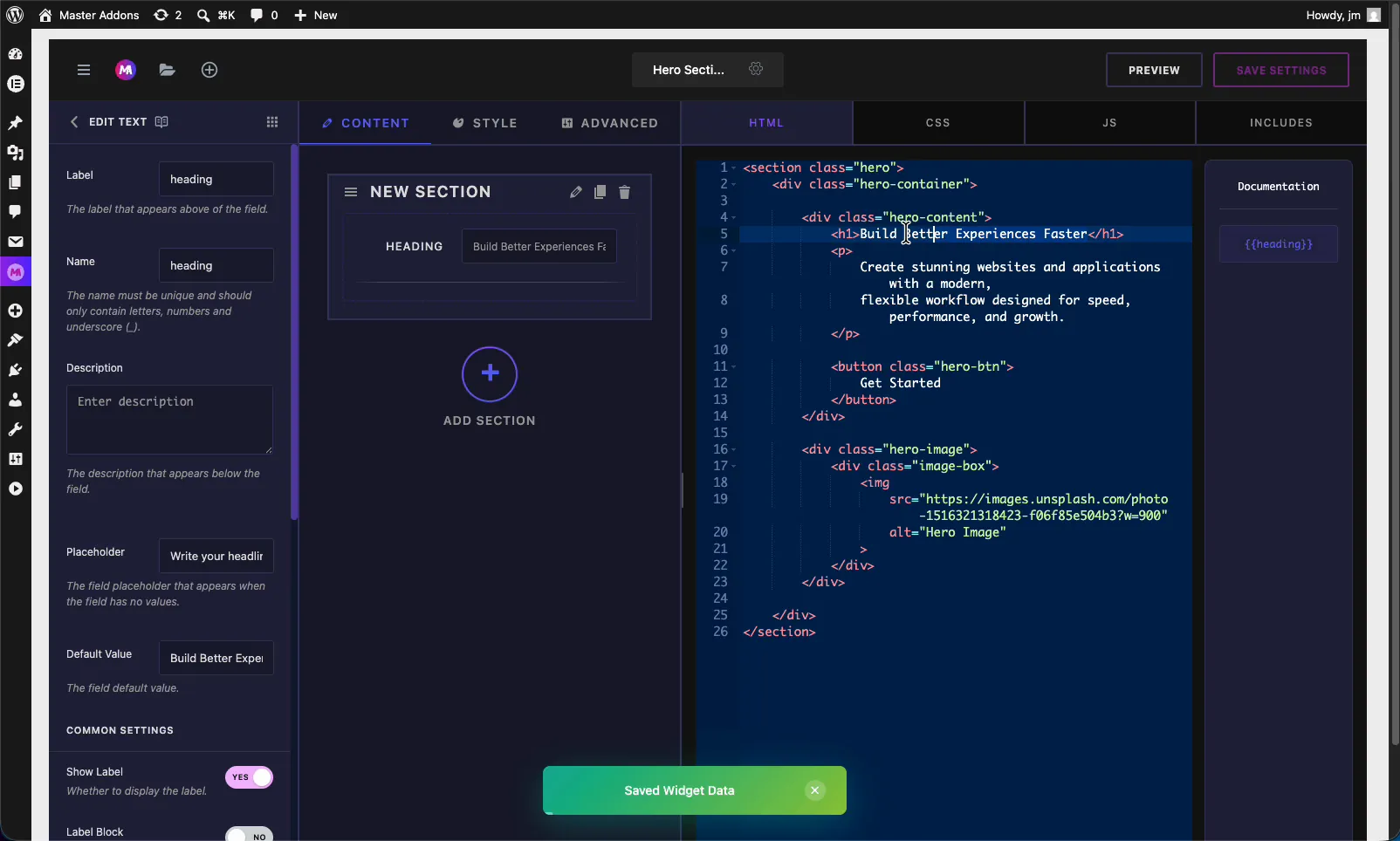 Master Addons Widget Builder with a Text field added to a section and the heading shortcode in the documentation panel