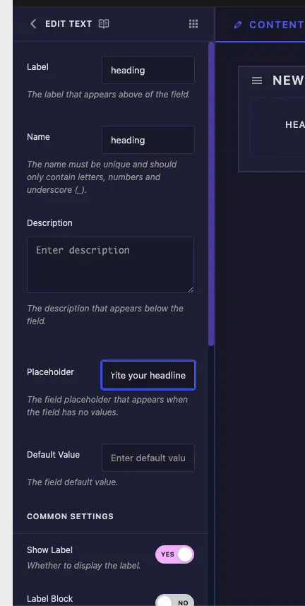 Text field options in the Master Addons Widget Builder including Label, Name, Placeholder, and Default Value