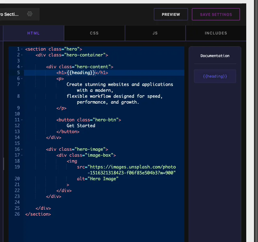 The {{heading}} shortcode placed inside the h1 tag in the Widget Builder HTML editor, with the token in the documentation panel