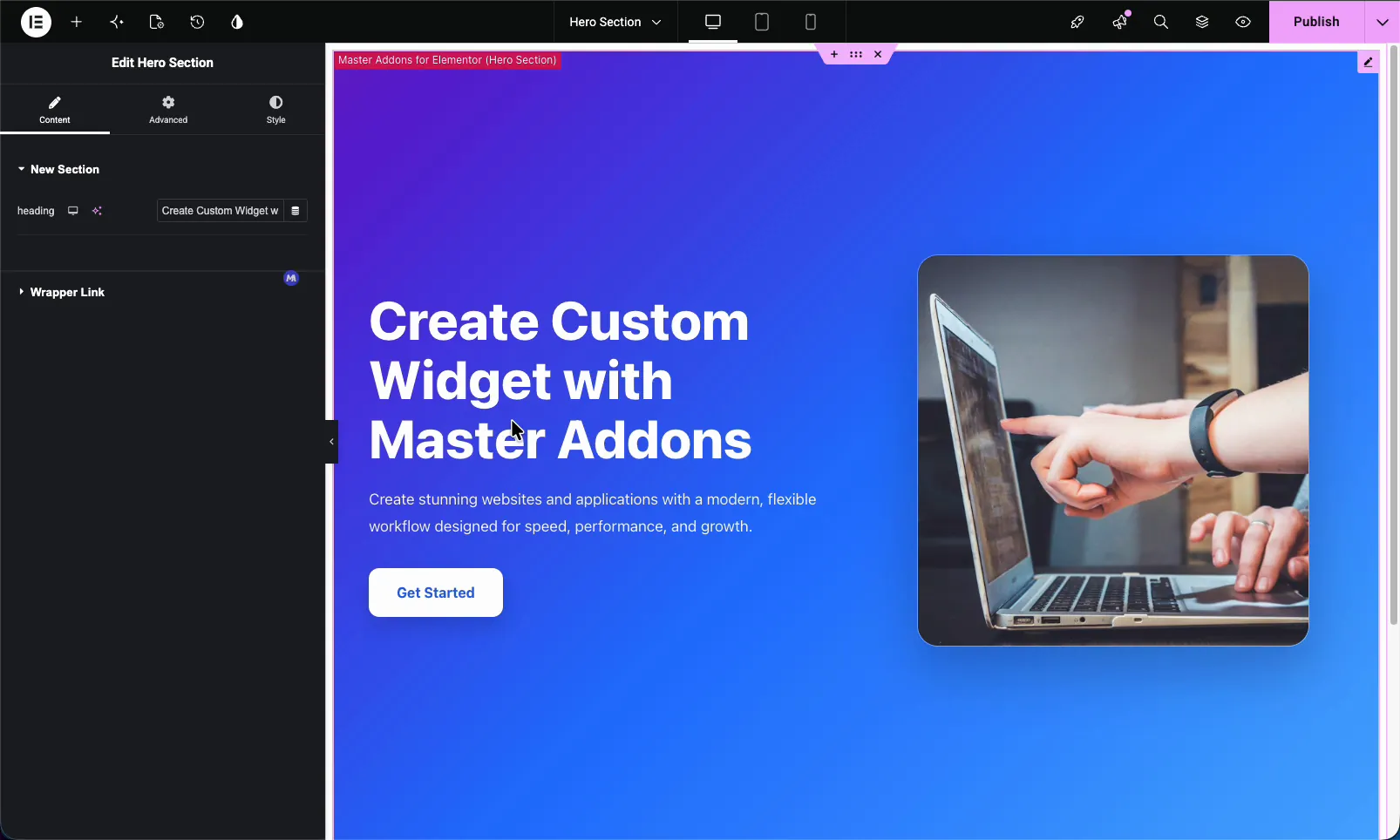 Custom Elementor widget built with the Master Addons Widget Builder Text field printing a hero headline