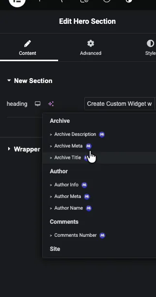 Dynamic tags dropdown in Elementor showing Archive, Author, and Comments options for the Text field