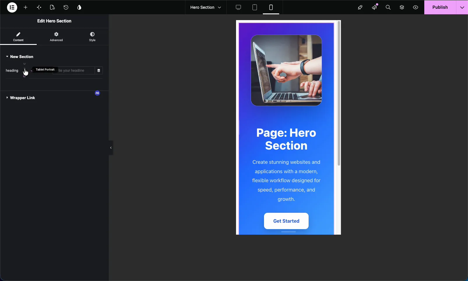 Responsive device selection for the Widget Builder Text field with the Tablet Portrait option in the Elementor mobile preview