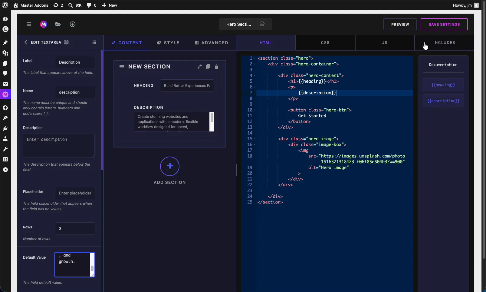 Master Addons Widget Builder with a Textarea field added to a section alongside a Heading field and the HTML editor