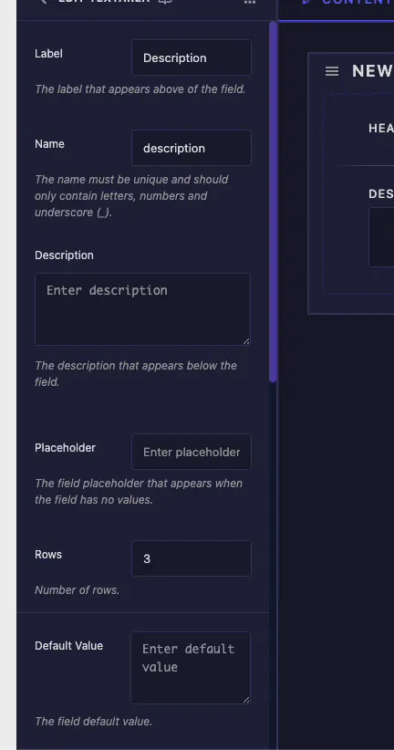Textarea field options in the Master Addons Widget Builder including Label, Name, Rows, Placeholder, and Default Value
