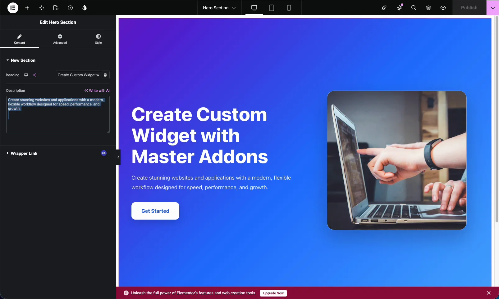 Multi-line Textarea control for a custom Elementor widget showing a hero description in the Elementor editor
