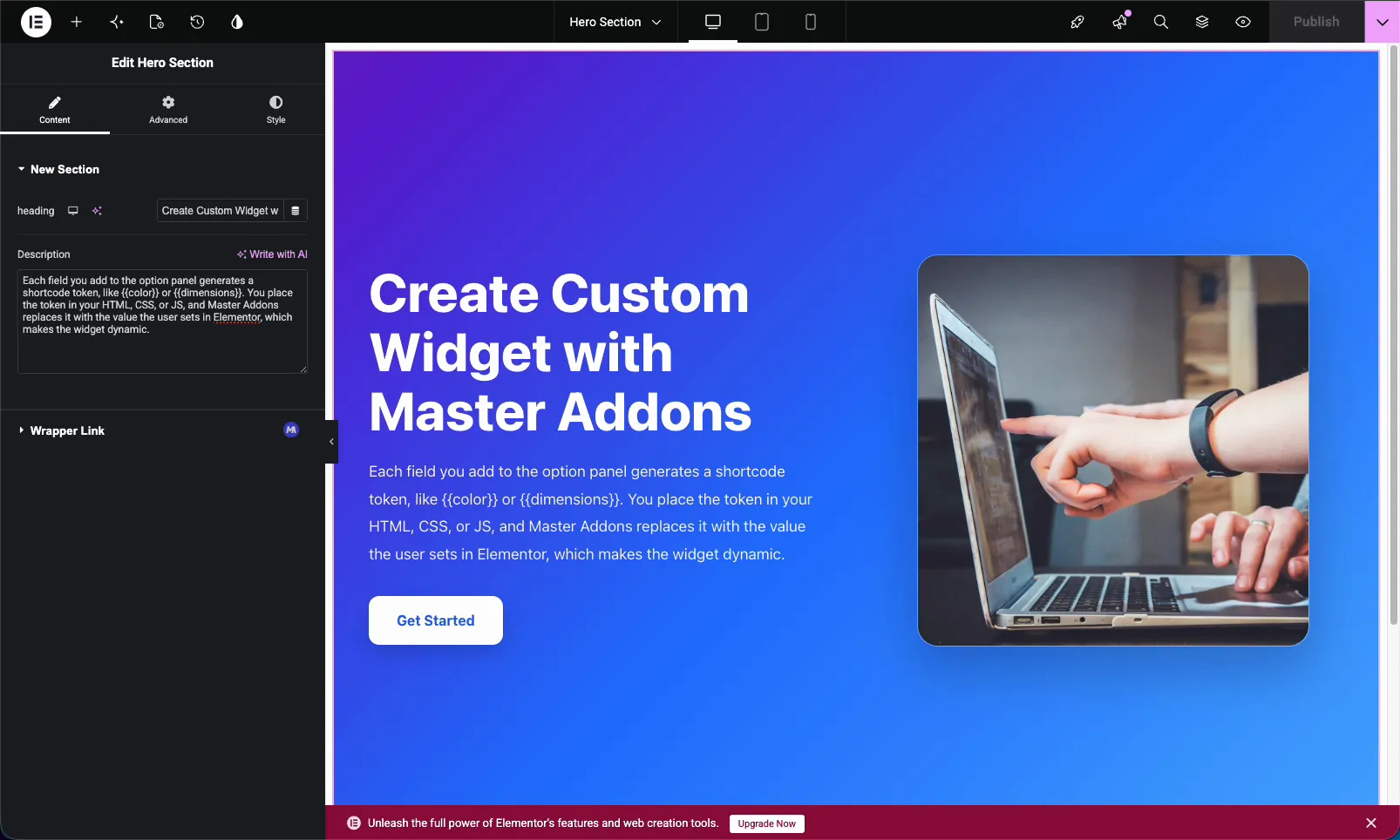 Custom Elementor widget built with the Master Addons Widget Builder Textarea field showing a hero description paragraph