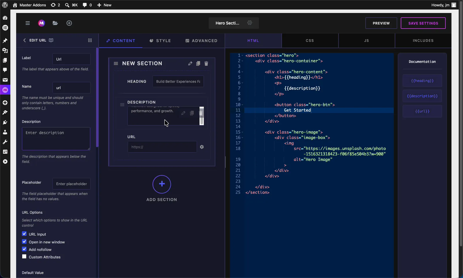 Master Addons Widget Builder with a URL field added to a section next to Heading and Description fields and the HTML editor