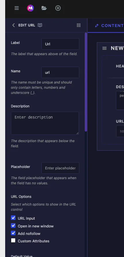 URL field options in the Master Addons Widget Builder including Label, Name, and the URL Options checkboxes