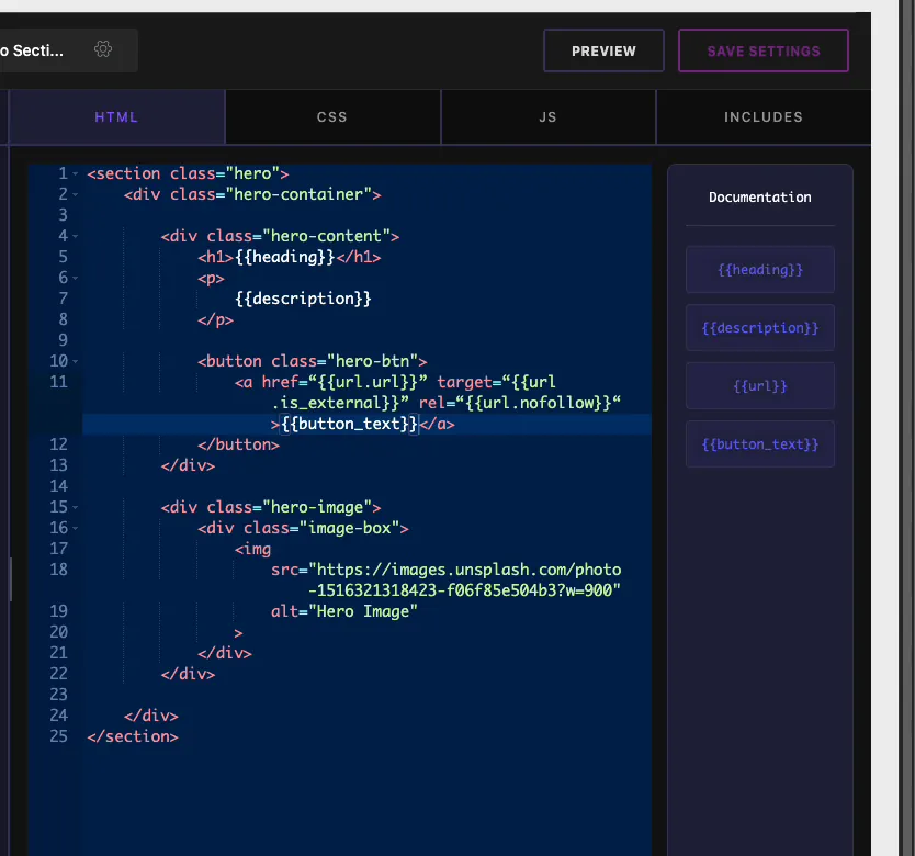 HTML in the Widget Builder showing an anchor tag using the url.url, url.is_external, and url.nofollow tokens with a button_text token