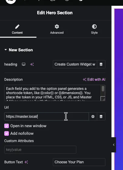 Elementor link control for a custom widget with Url input, Open in new window, Add nofollow, Custom Attributes, and a Button Text field