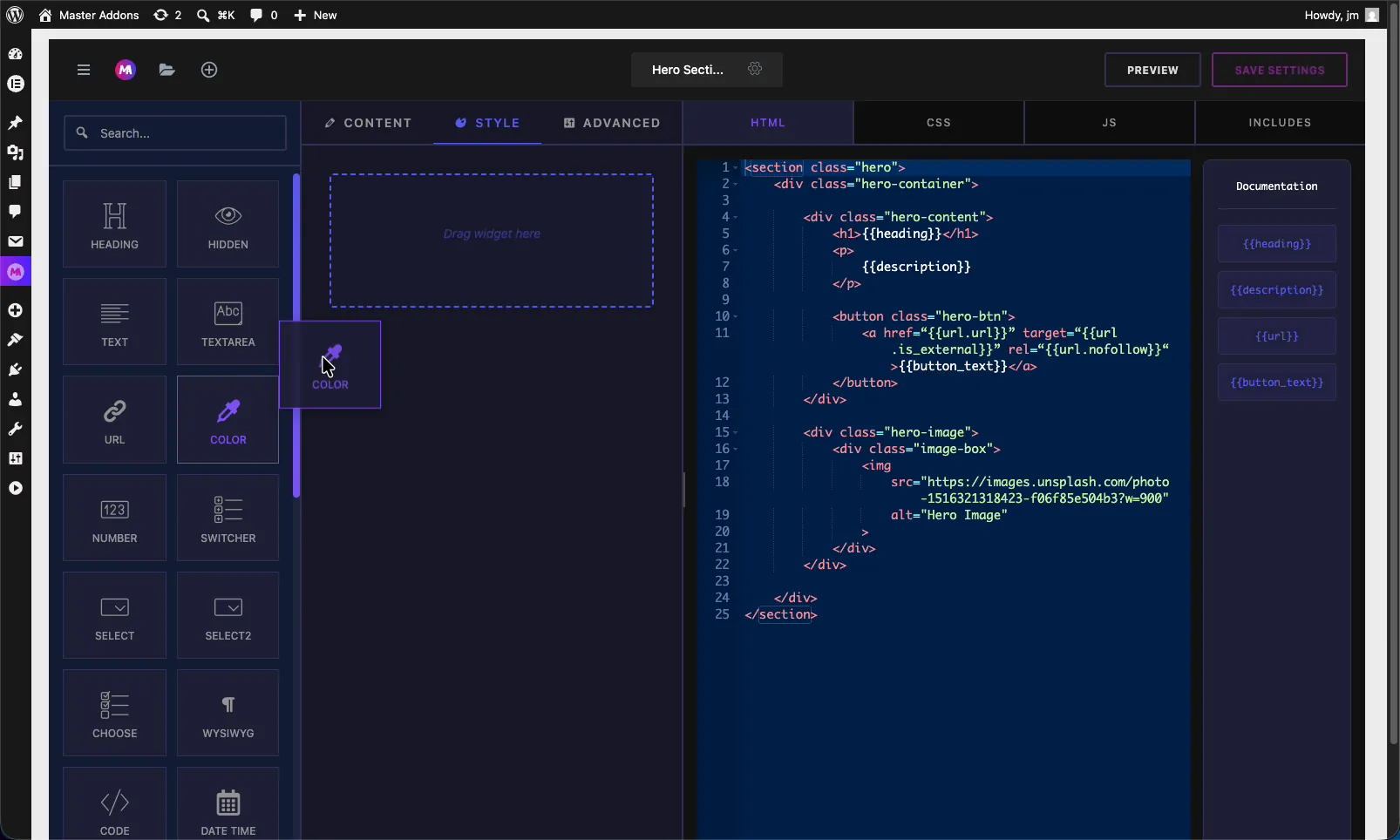 Master Addons Widget Builder with a Color field dragged into a section under the Style tab next to the HTML editor