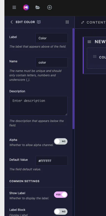 Color field options in the Master Addons Widget Builder including Label, Name, Alpha toggle, and Default Value