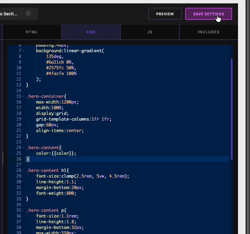 CSS in the Widget Builder using the color token as the value of the color property on hero content