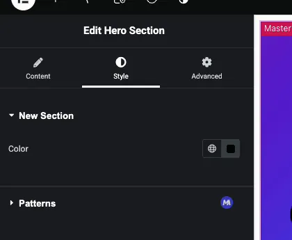 Elementor color picker control for a custom widget shown under the Style tab