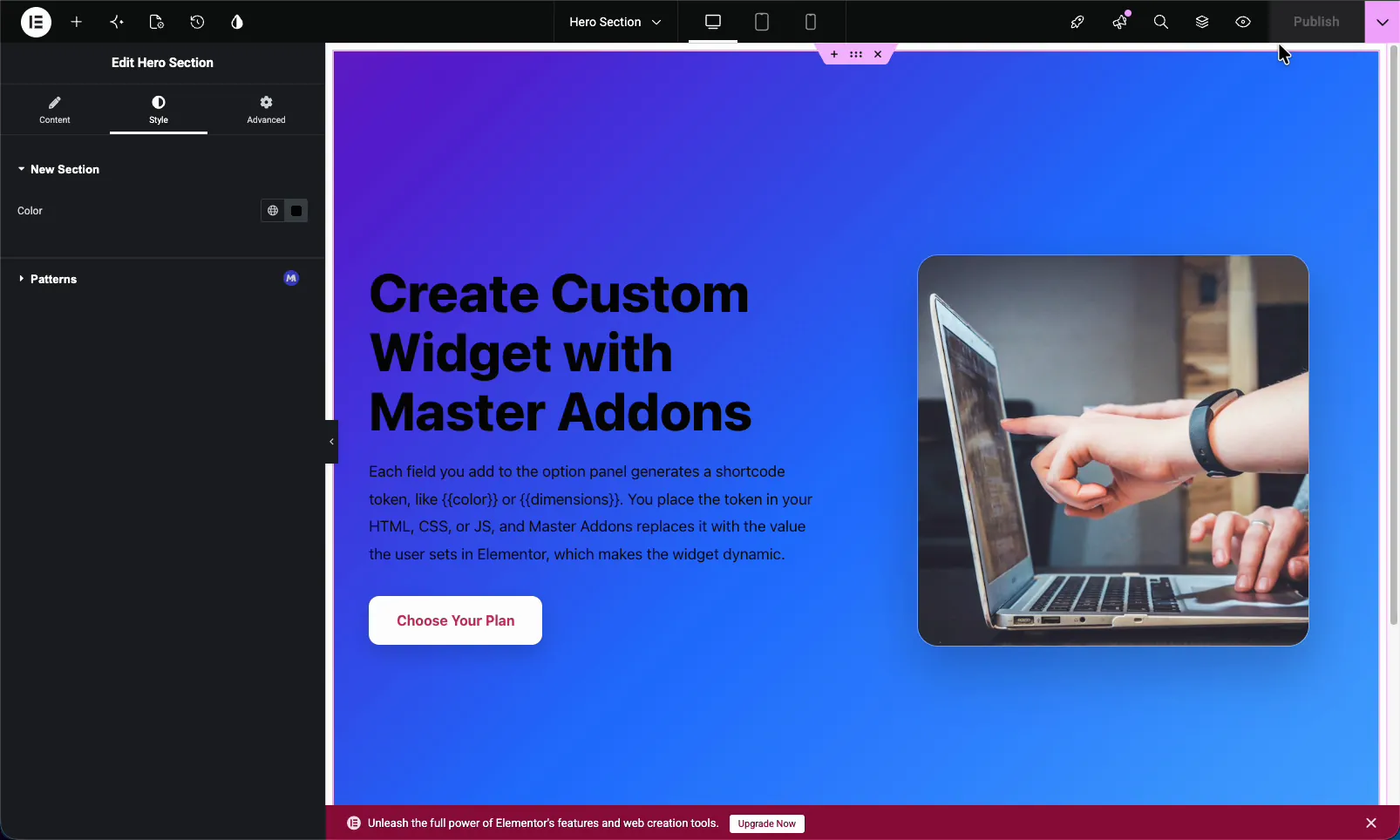 Custom Elementor widget with its heading recolored through the Master Addons Widget Builder Color field