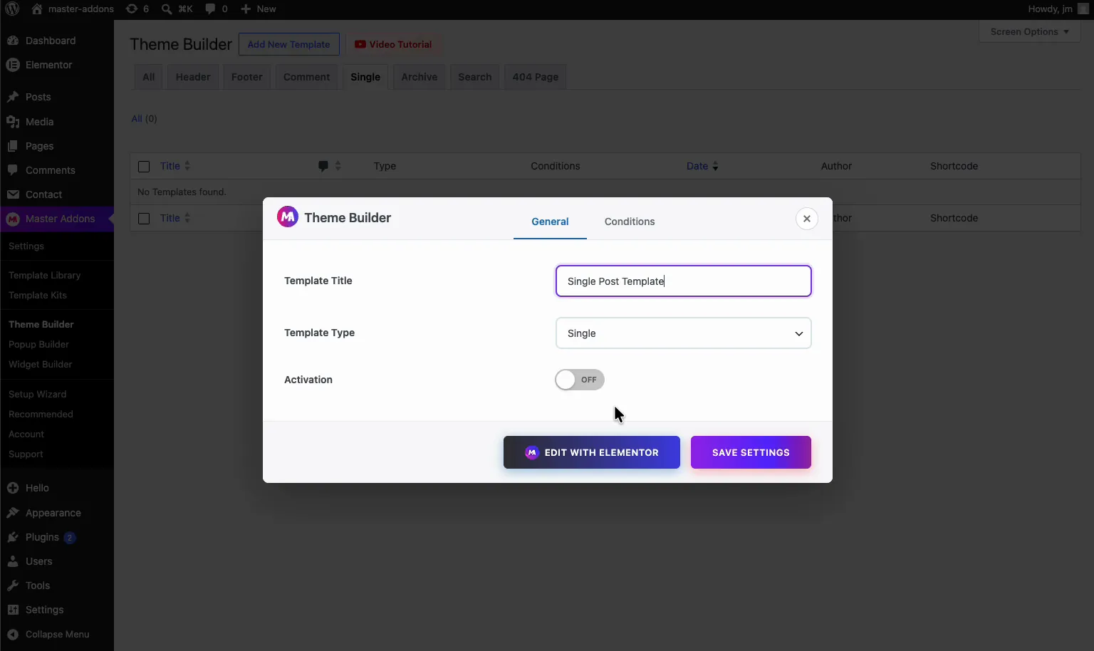 Master Addons Theme Builder dialog with Template Title Single Post Template and Template Type set to Single