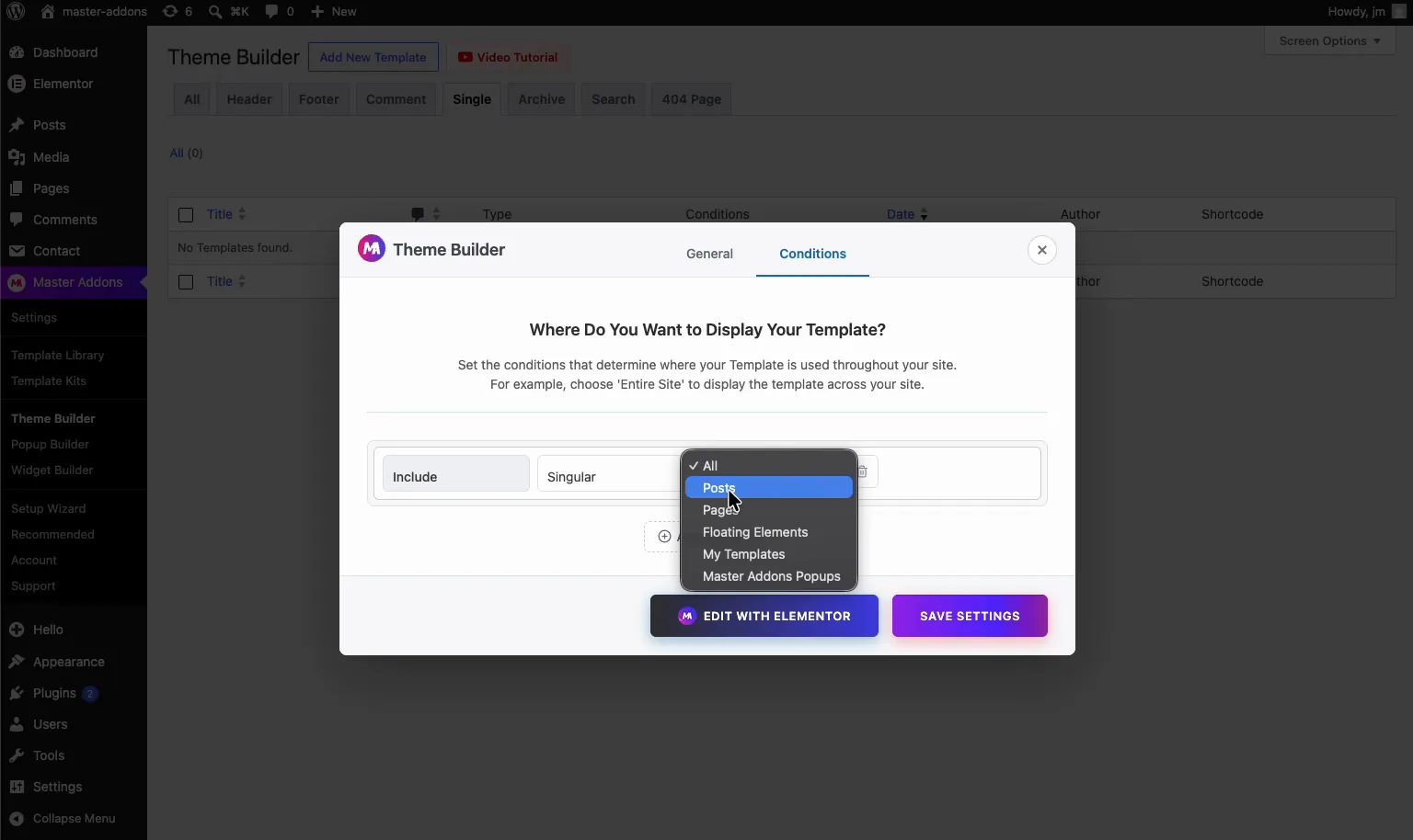 Theme Builder conditions dialog setting the single template to display on Posts in Master Addons