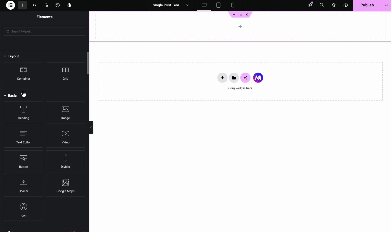 Single Post Template open in the Elementor editor with the Master Addons element list