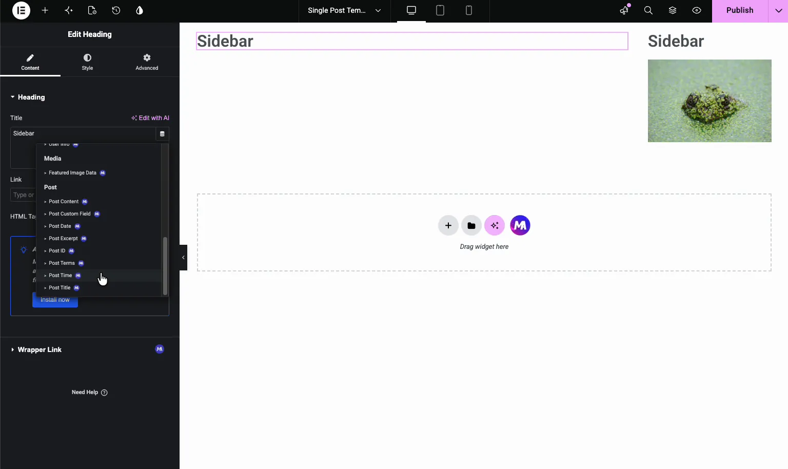 Two column single post template layout with a main content area and a sidebar in Elementor
