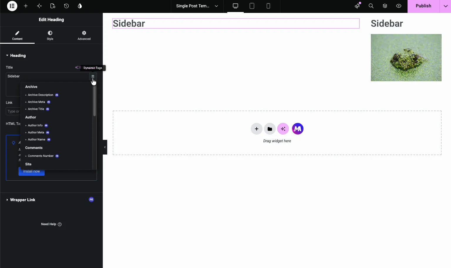Master Addons dynamic tags menu open on a Heading element in the Elementor single post template
