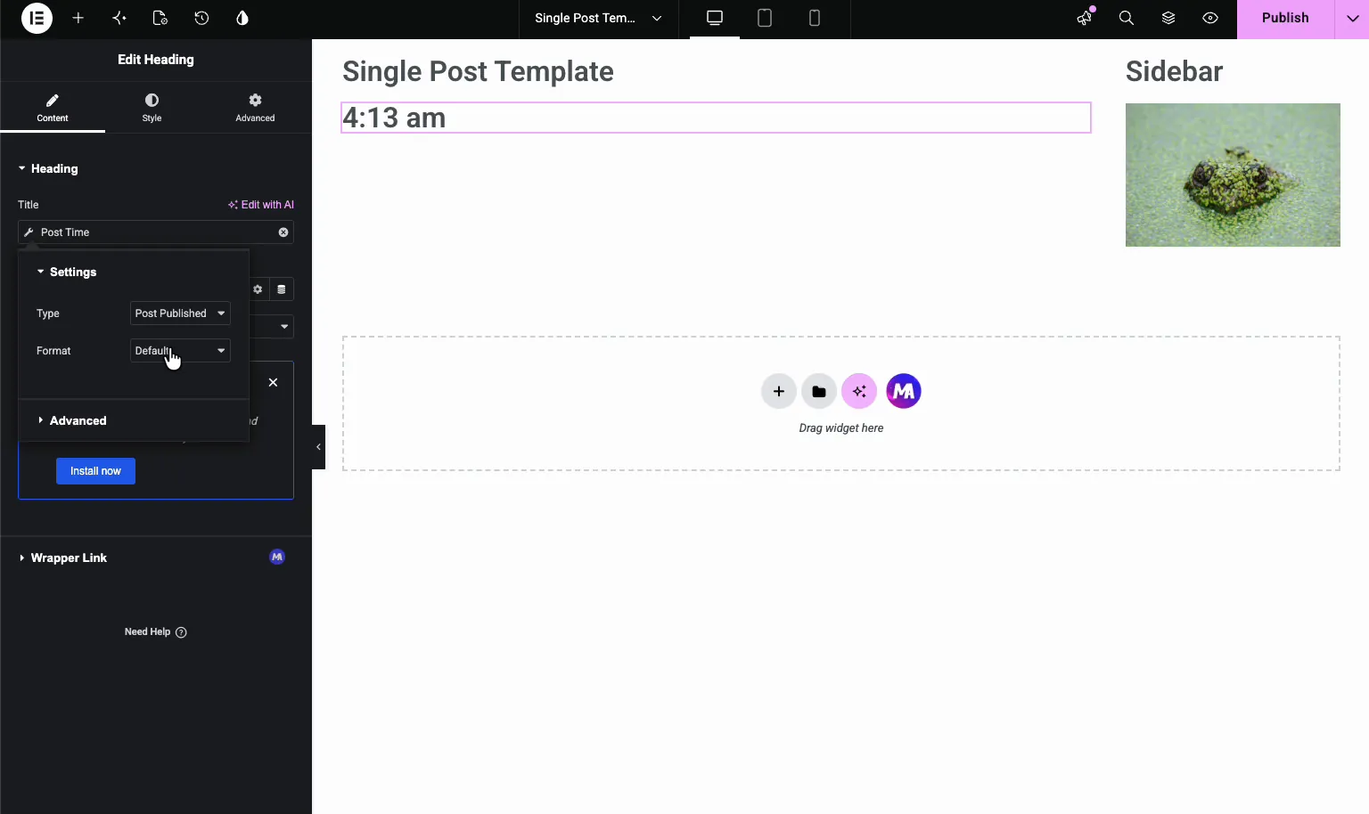 Post Time dynamic tag settings with Type and Format options in Master Addons