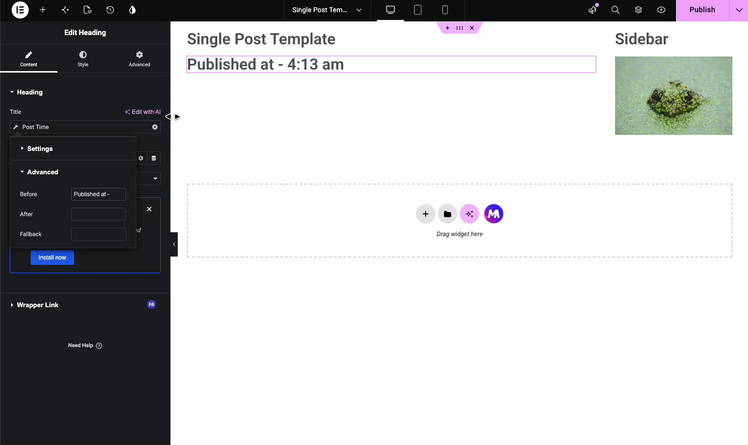 Post Time Advanced settings with a Before label producing Published at - 4:13 am