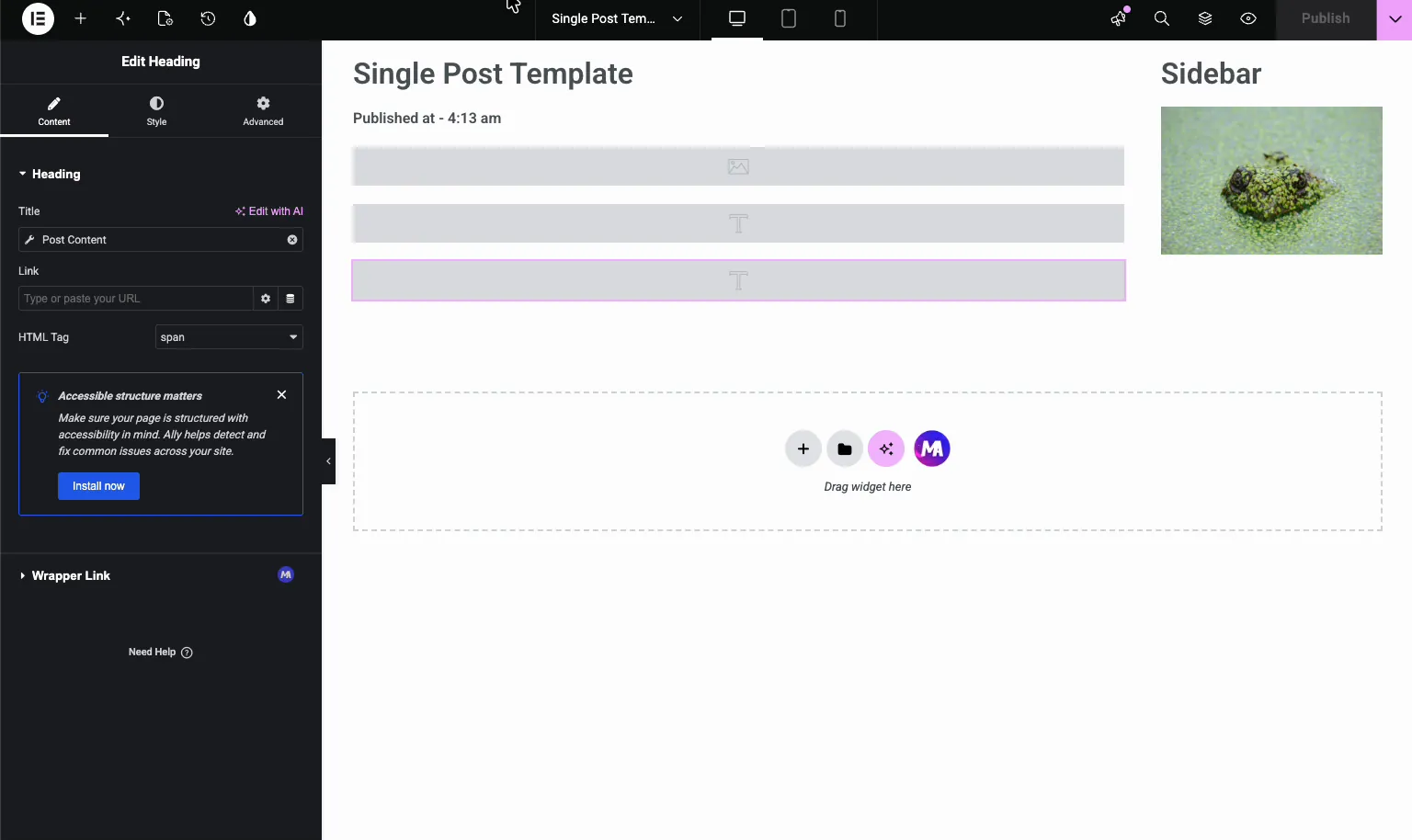 Completed single post template layout with featured image, title, meta, and post content blocks in Elementor