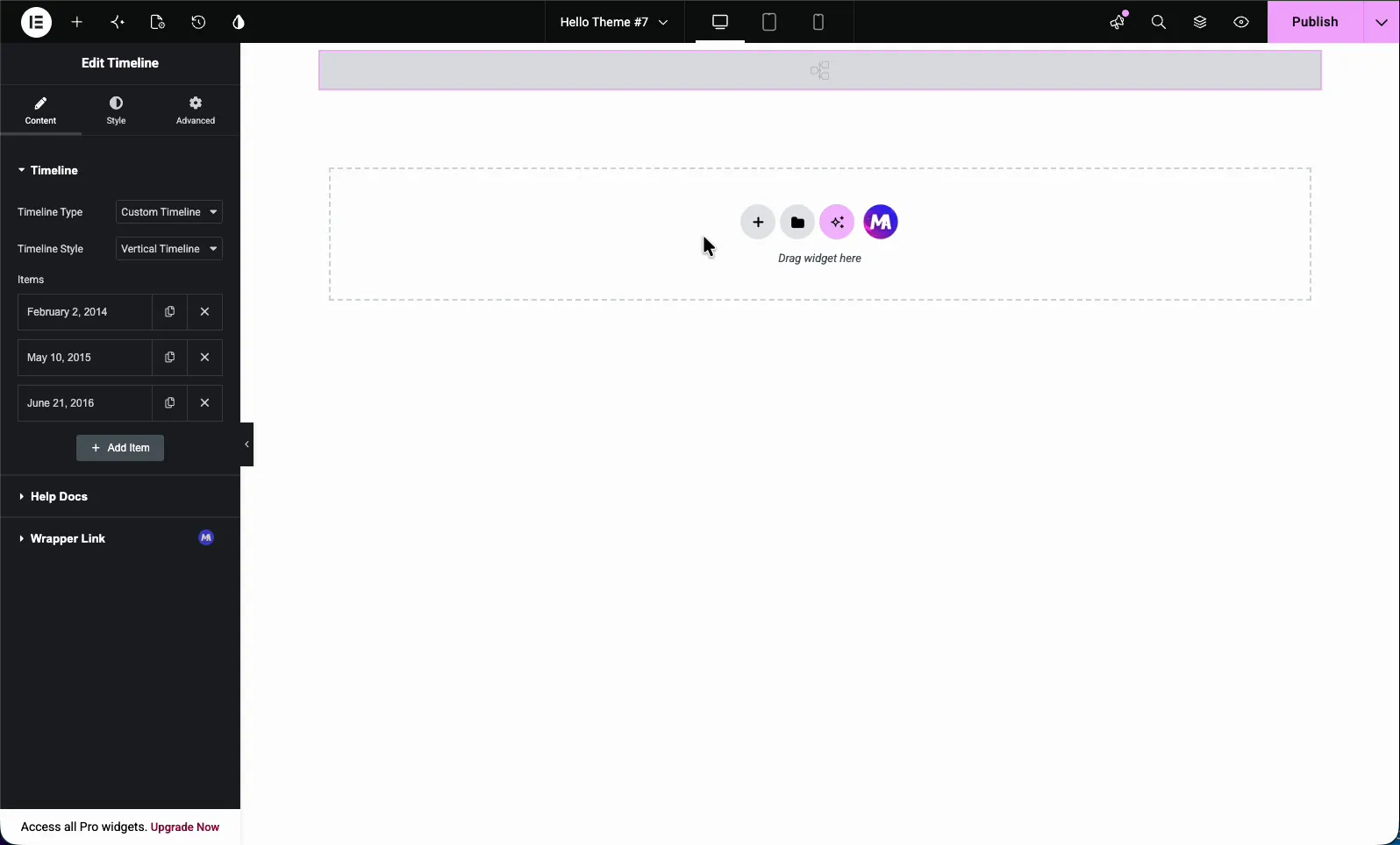 Elementor Timeline widget Content settings showing Timeline Type, Timeline Style, and the items list