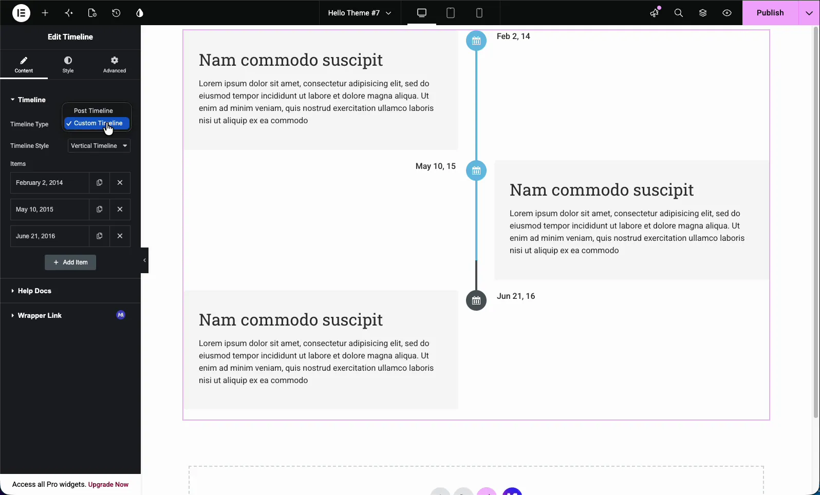 Timeline Type dropdown in Elementor showing Post Timeline and Custom Timeline options next to a rendered vertical timeline