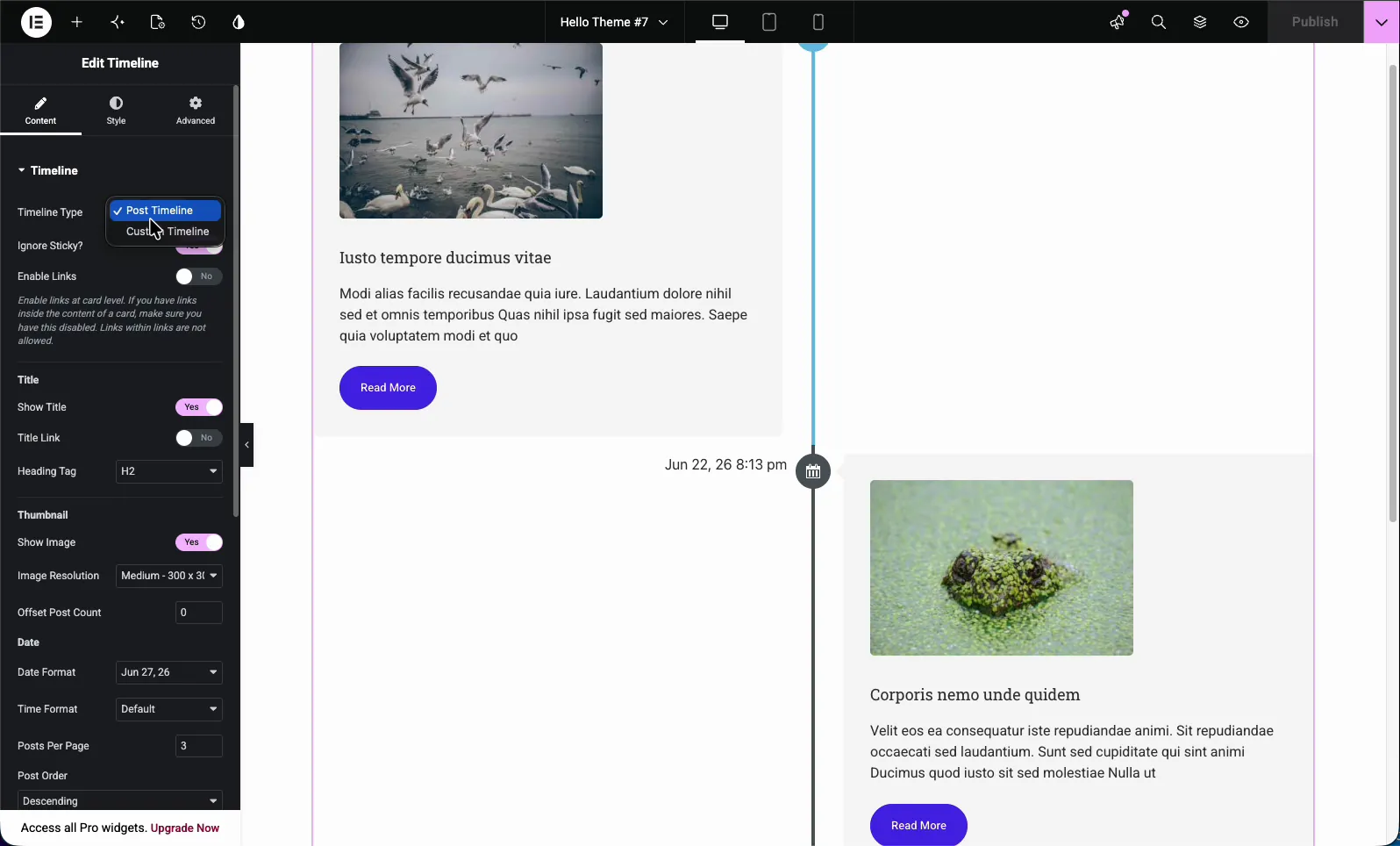 Elementor post timeline settings panel with thumbnail, date format, and posts per page options beside a timeline of real posts