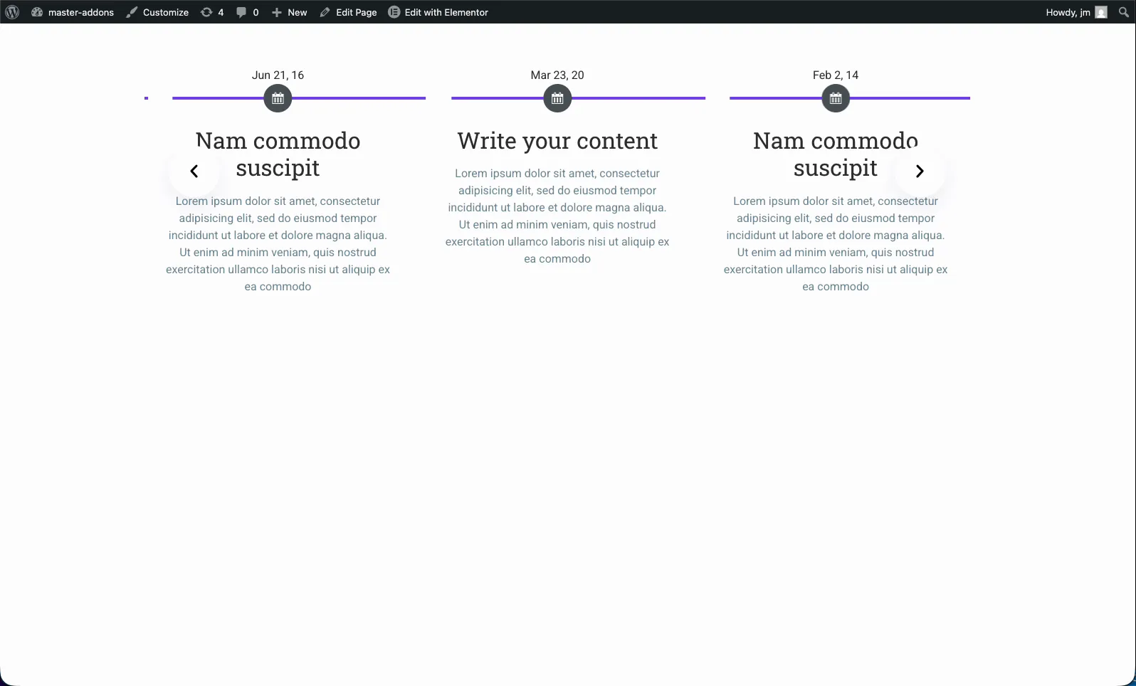 Horizontal timeline created in Elementor with Master Addons showing dated cards and navigation arrows